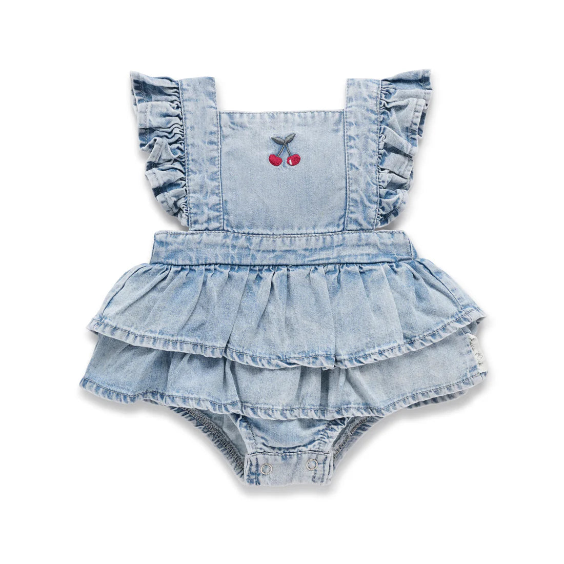 Aster and Oak Tencel Denim Ruffle Playsuit Cherry