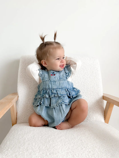 Aster and Oak Tencel Denim Ruffle Playsuit Cherry