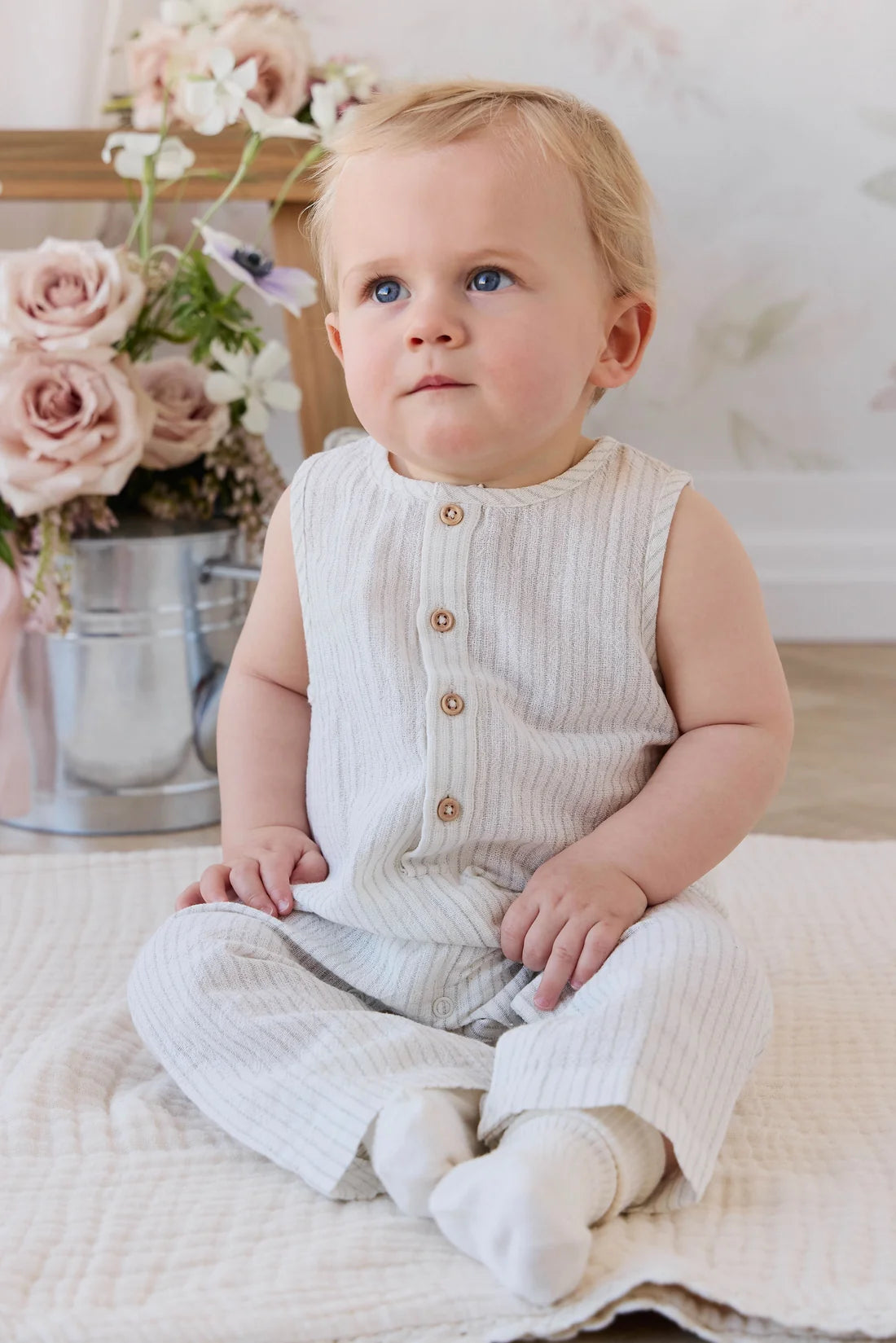 Jamie Kay Milo Jumpsuit Mini Pinstripe Cloud/Duck Egg Blue